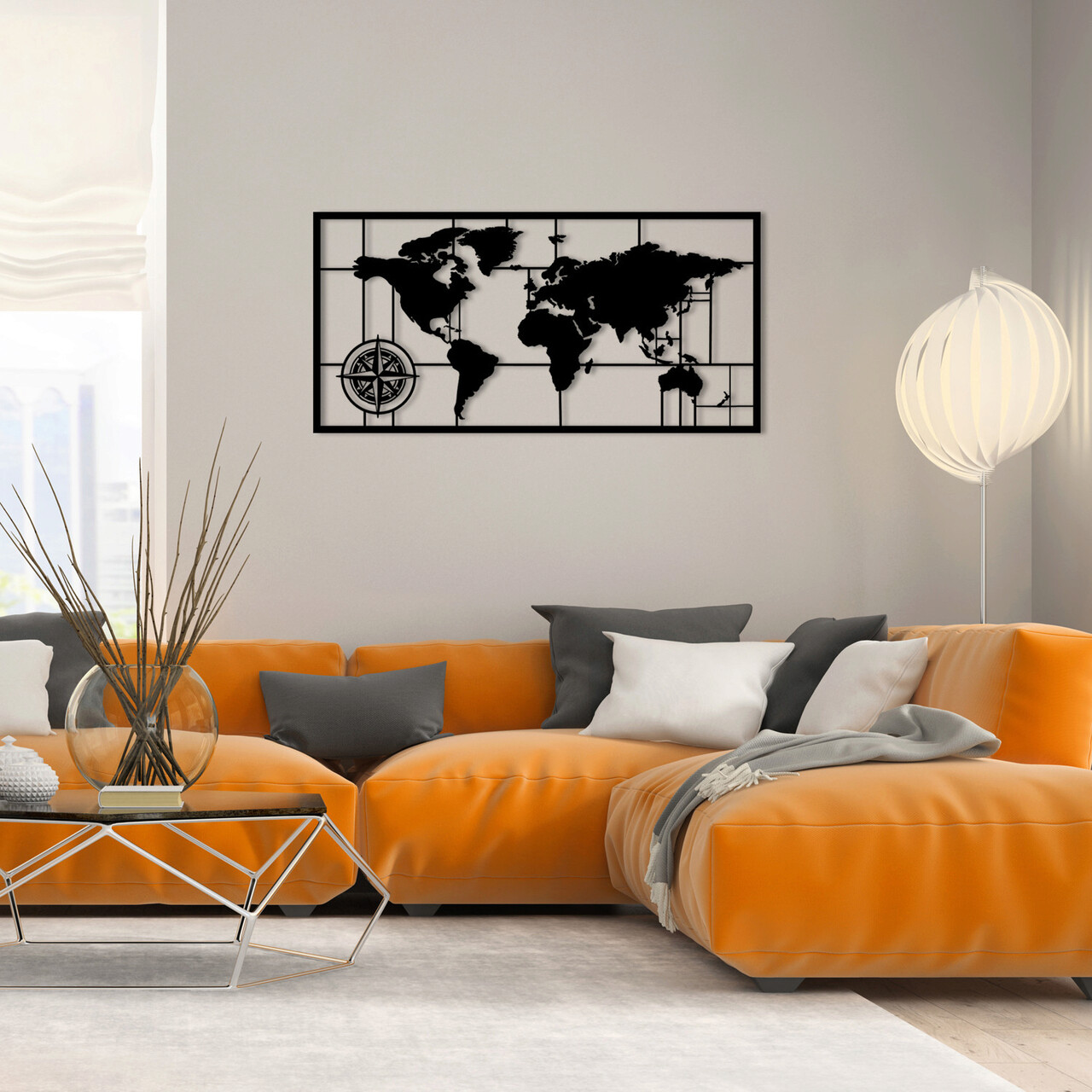 Decoratiune de perete, World Map Metal Decor 7, metal, 121 x 60 cm, negru - 1 | YEO