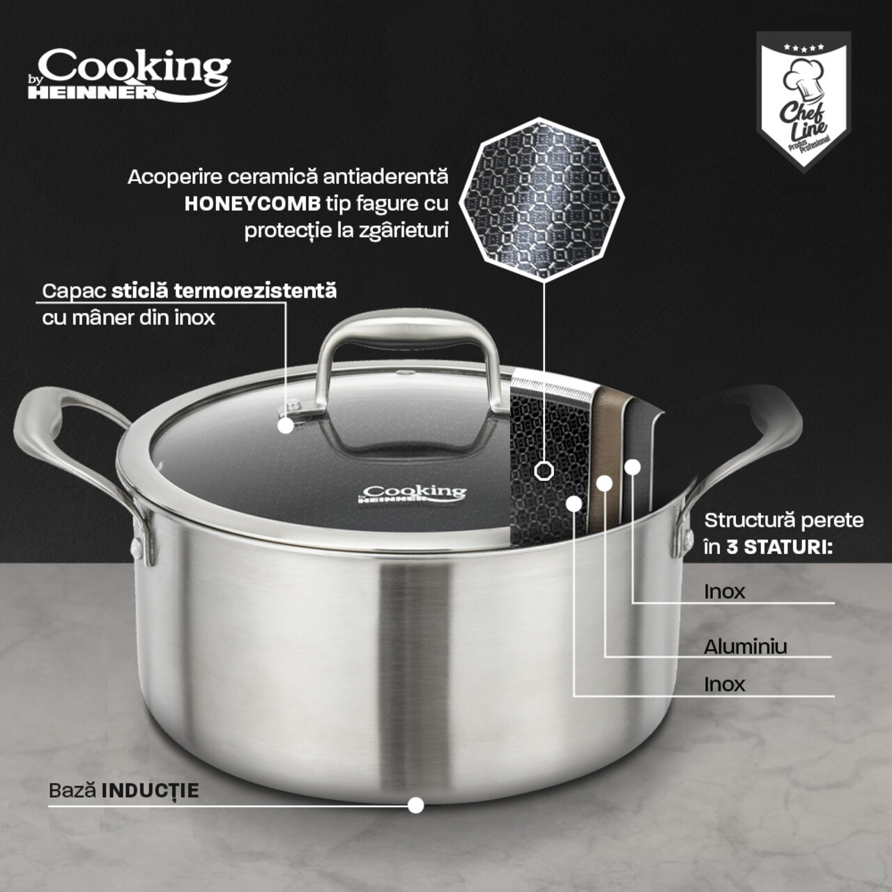 Oala cu capac 7 L, Titanium, Cooking by Heinner, 28x13 cm, inox/sticla, argintiu