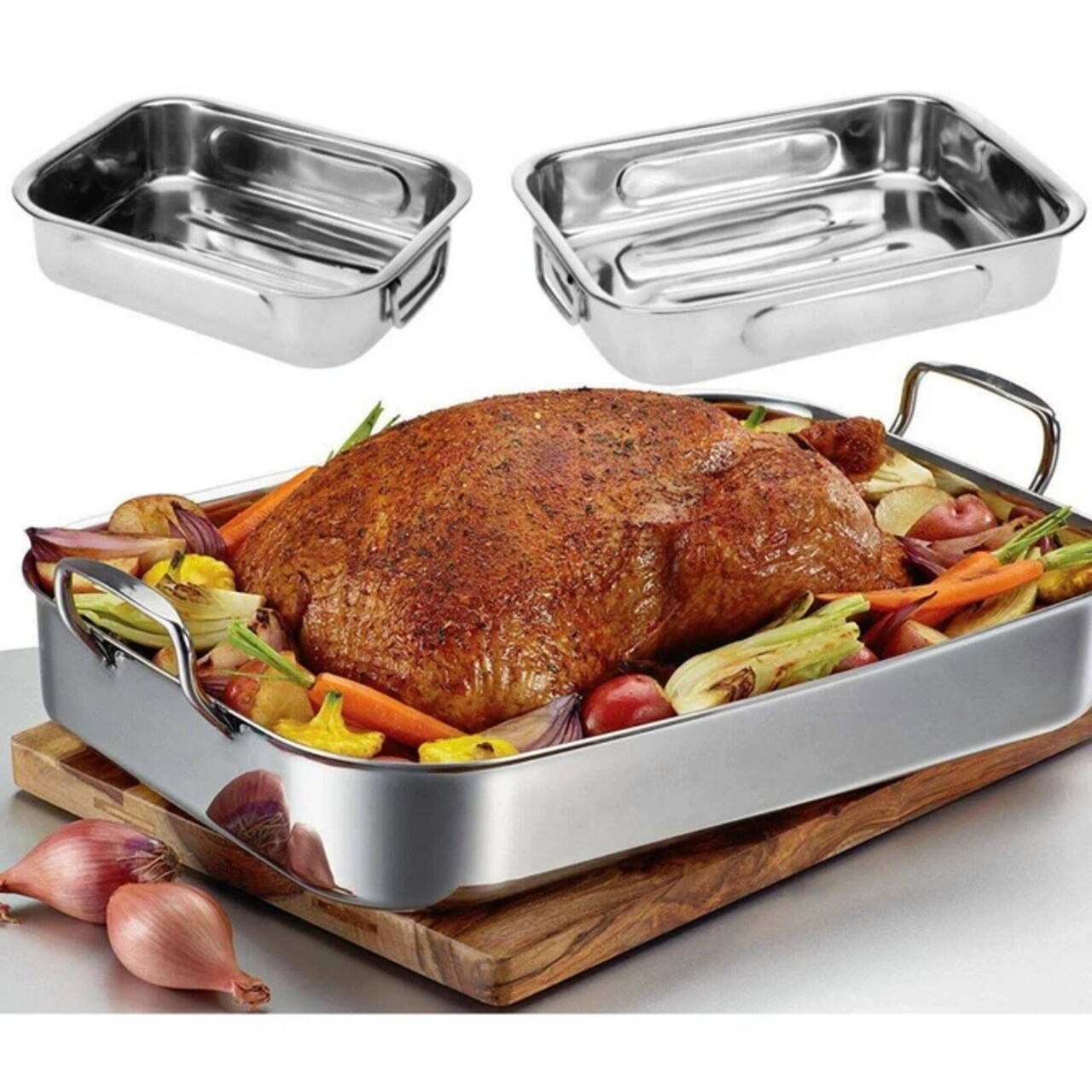 Set 3 tavi de copt din inox Roasting, Excellent Houseware, 36x27x6 cm, argintiu