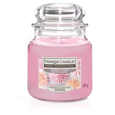 Lumanare parfumata in suport de sticla, Sugared Blossom, Yankee Candle, 60 ore, 340 g, flori colorate/prajituri