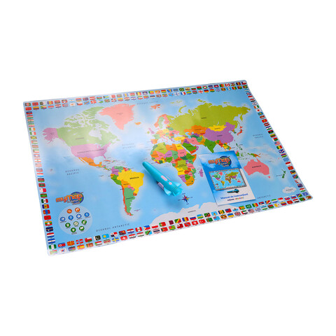 Harta interactiva a lumii bilingv romana + creion interactiv Momki, 90x60 cm, plastic, multicolor