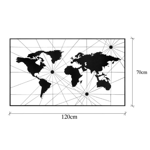 Decoratiune de perete, World Map 16, Metal, Dimensiune: 120 x 70 cm, Negru