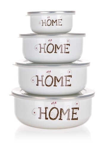 Set 4 boluri emailate cu capac Home, Banquet, 0.2 / 0.6 / 0.9 / 1.3 L