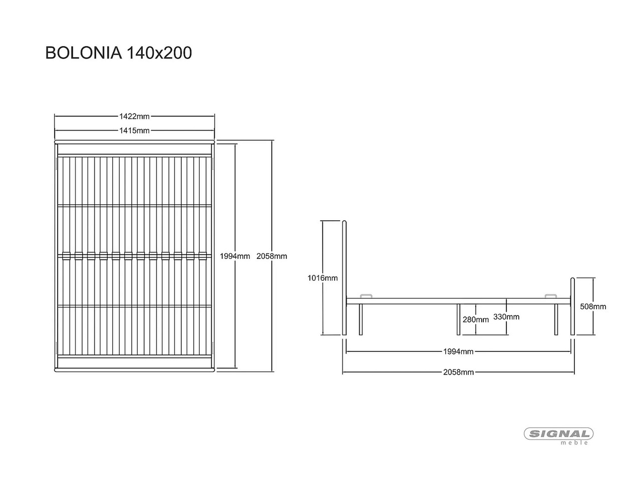 Pat matrimonial Bolognia, Signal, 140x200 cm, metal, negru