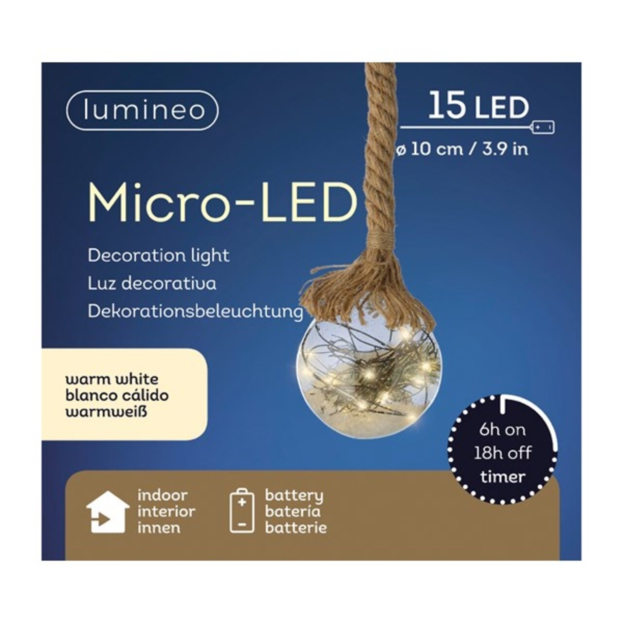 Decoratiune Luminoasa Ball W Rope, Lumineo, 15 LED-uri, Ø 10 Cm