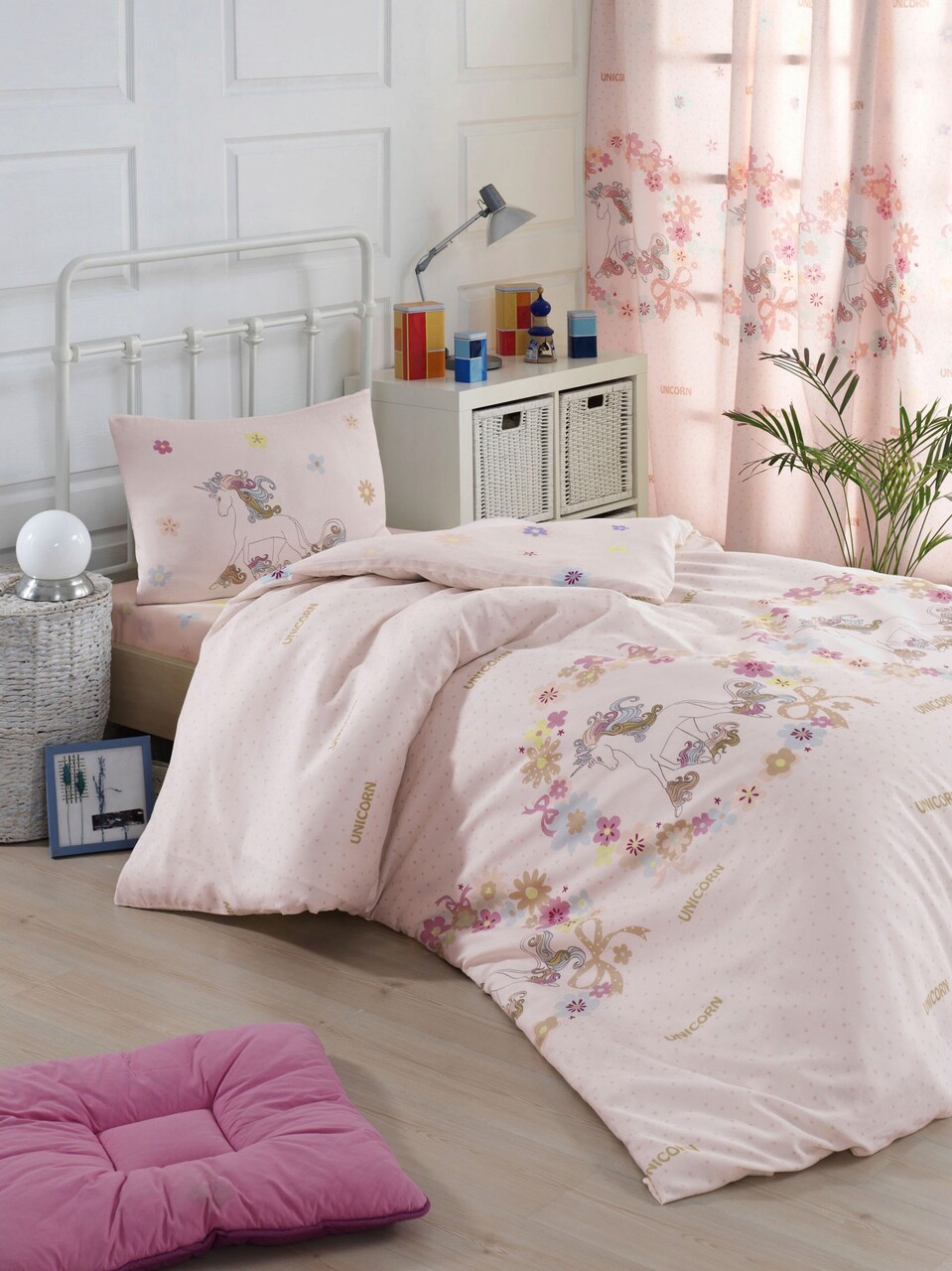 Lenjerie de pat pentru o persoana, Unicornlar - Pink, Eponj Home, 65% bumbac/35% poliester