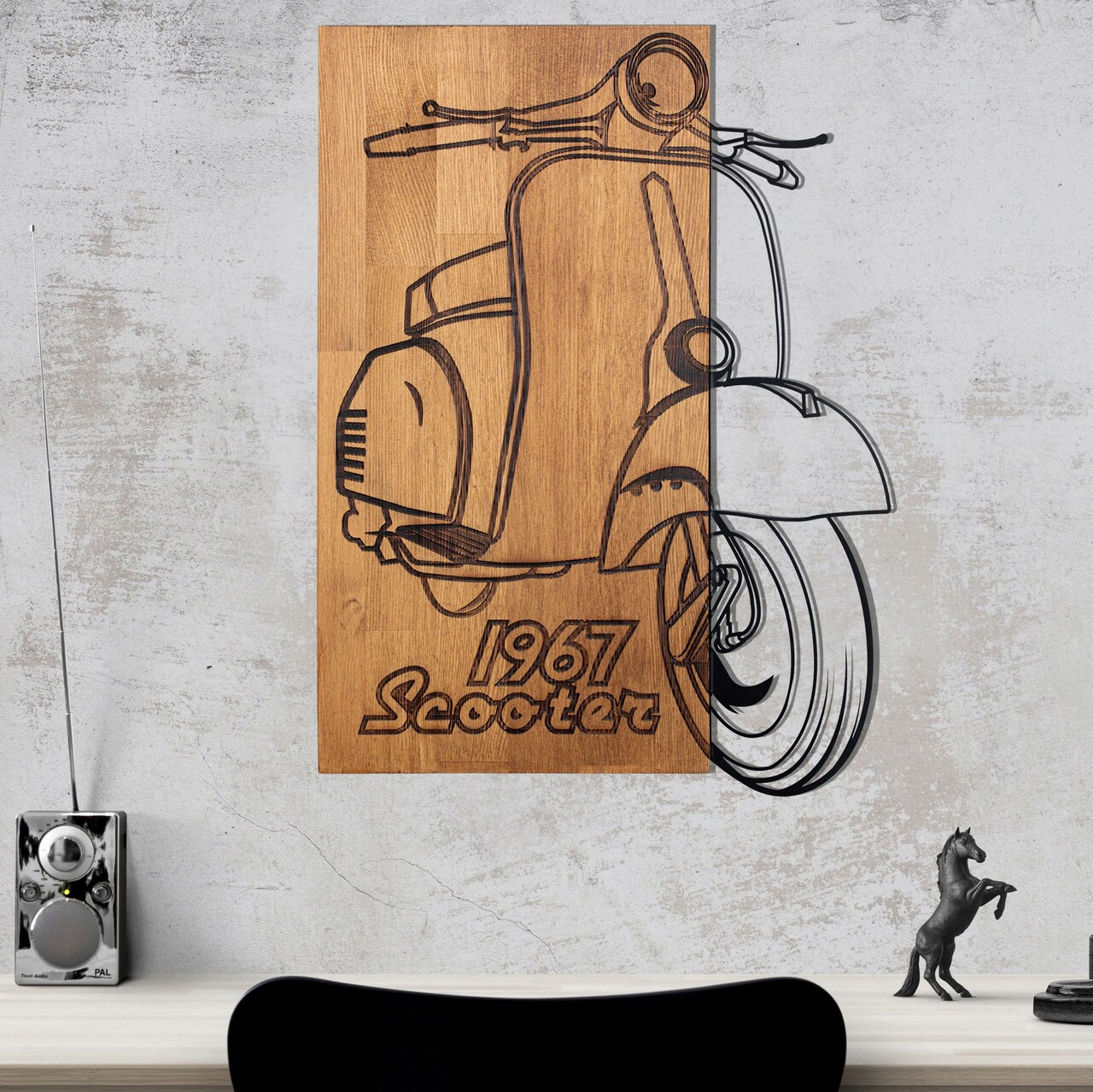 Decoratiune de perete, Nostalgic Scooter, Metal, Cadru: 100% LEMN (grosime: 3 cm), Nuc negru