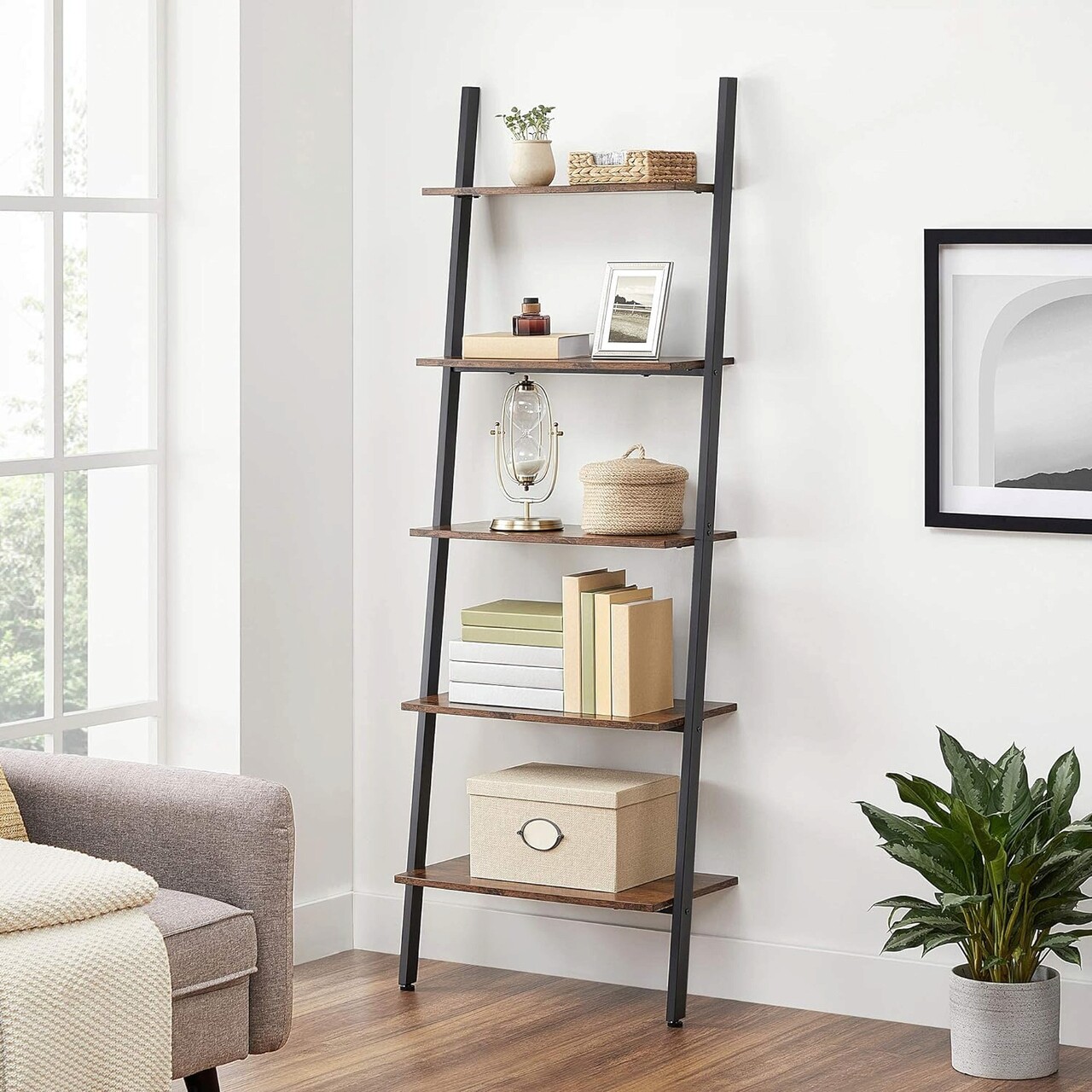 Biblioteca Ladder Industrial, Vasagle, 64 x 35 x 186 cm, fier/PAL, maro