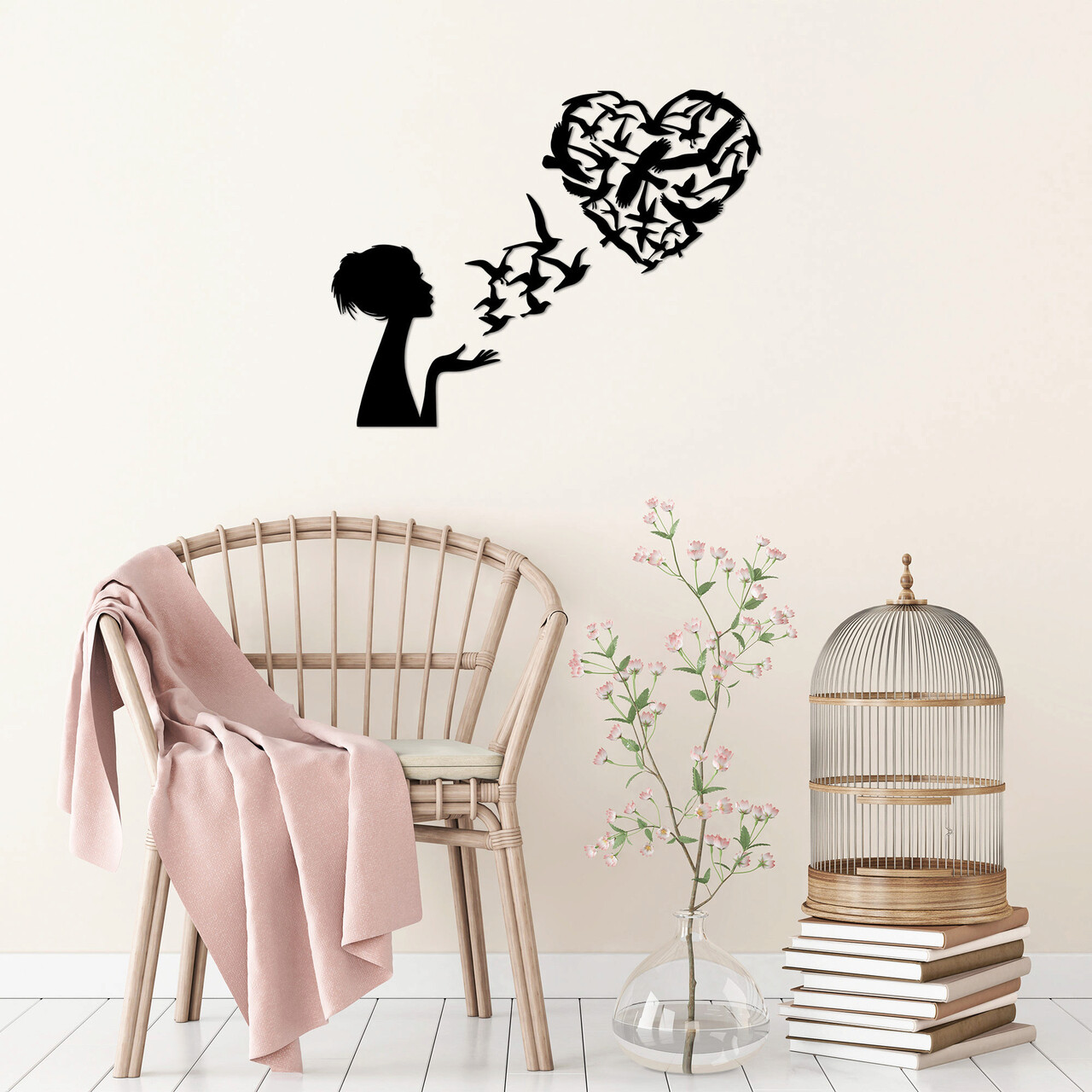 Decoratiune de perete, Birds Woman Heart, Metal, Dimensiune: 63 x 50 cm, Negru - 1 | YEO