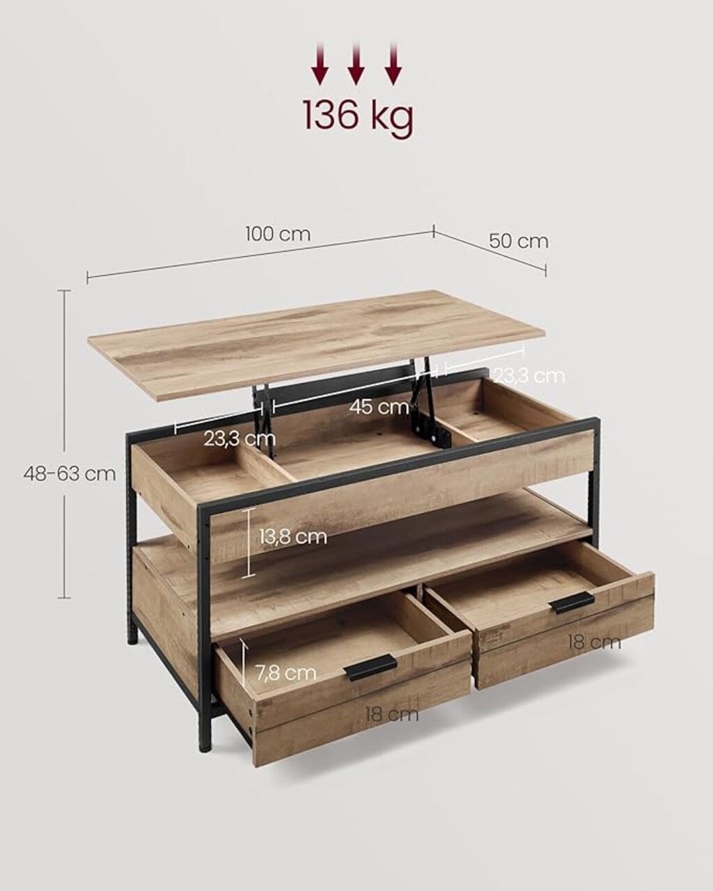 Masuta de cafea cu blat rabatabil, Vasagle Lift-Top, 100x50x48-63 cm, PAL/otel, maro camel