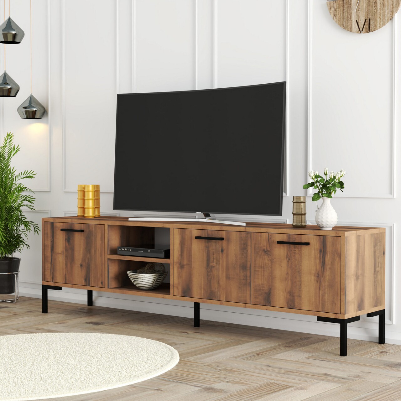 Comoda TV, Mezza, Aurora 1592, 150 x52 x 34 cm, pal melaminat, nuc