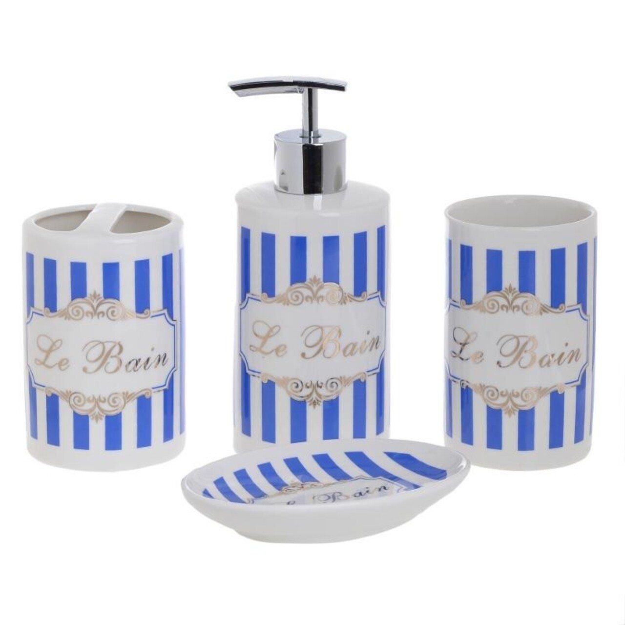 Set De Baie Le Bain, InArt, 4 Piese, Ceramica, Alb/albastru