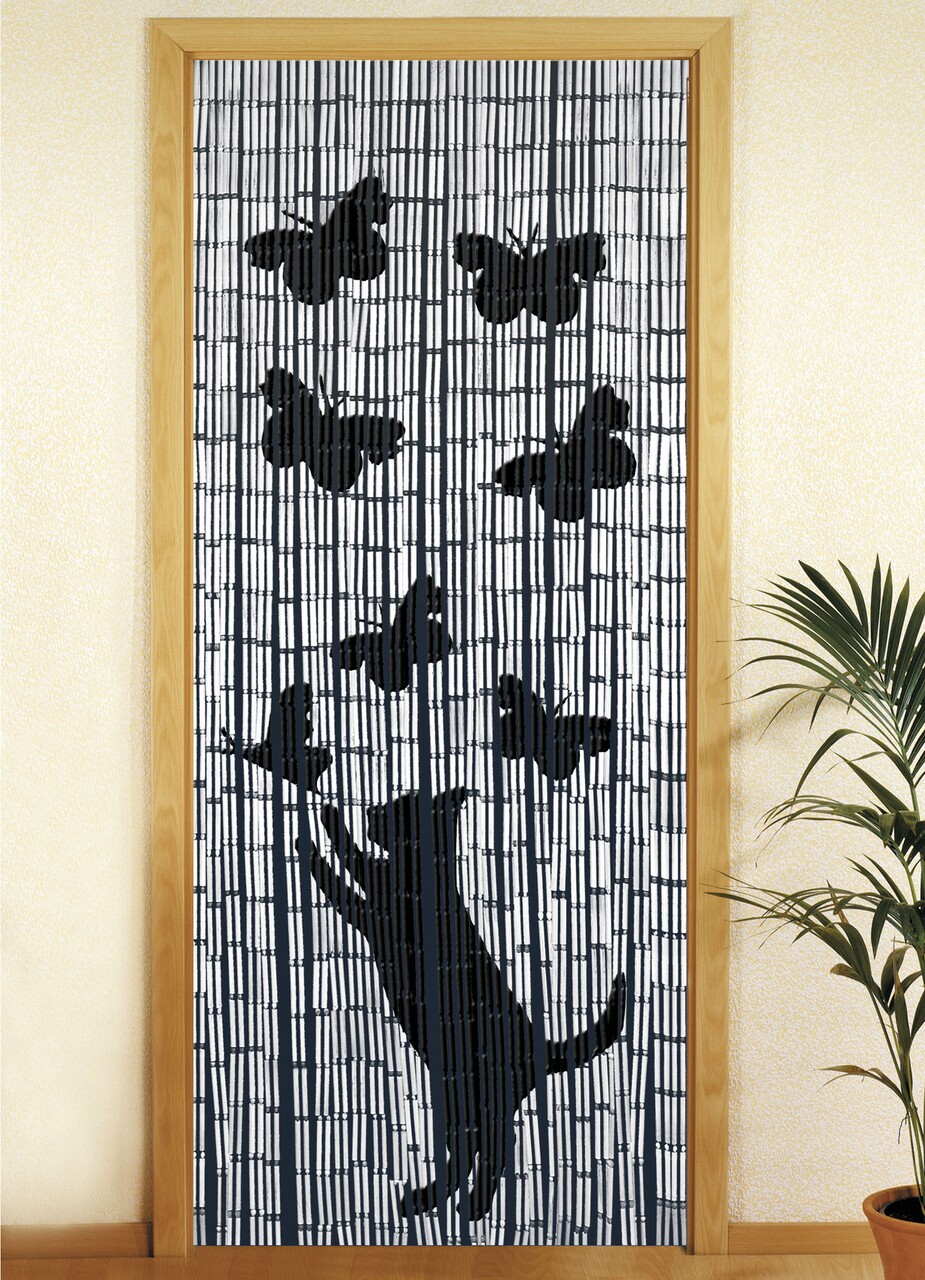 Perdea decorativa pentru usa, Maximex, Cat and butterfly, hand-made, 90 x 200 cm, bambus, alb/negru