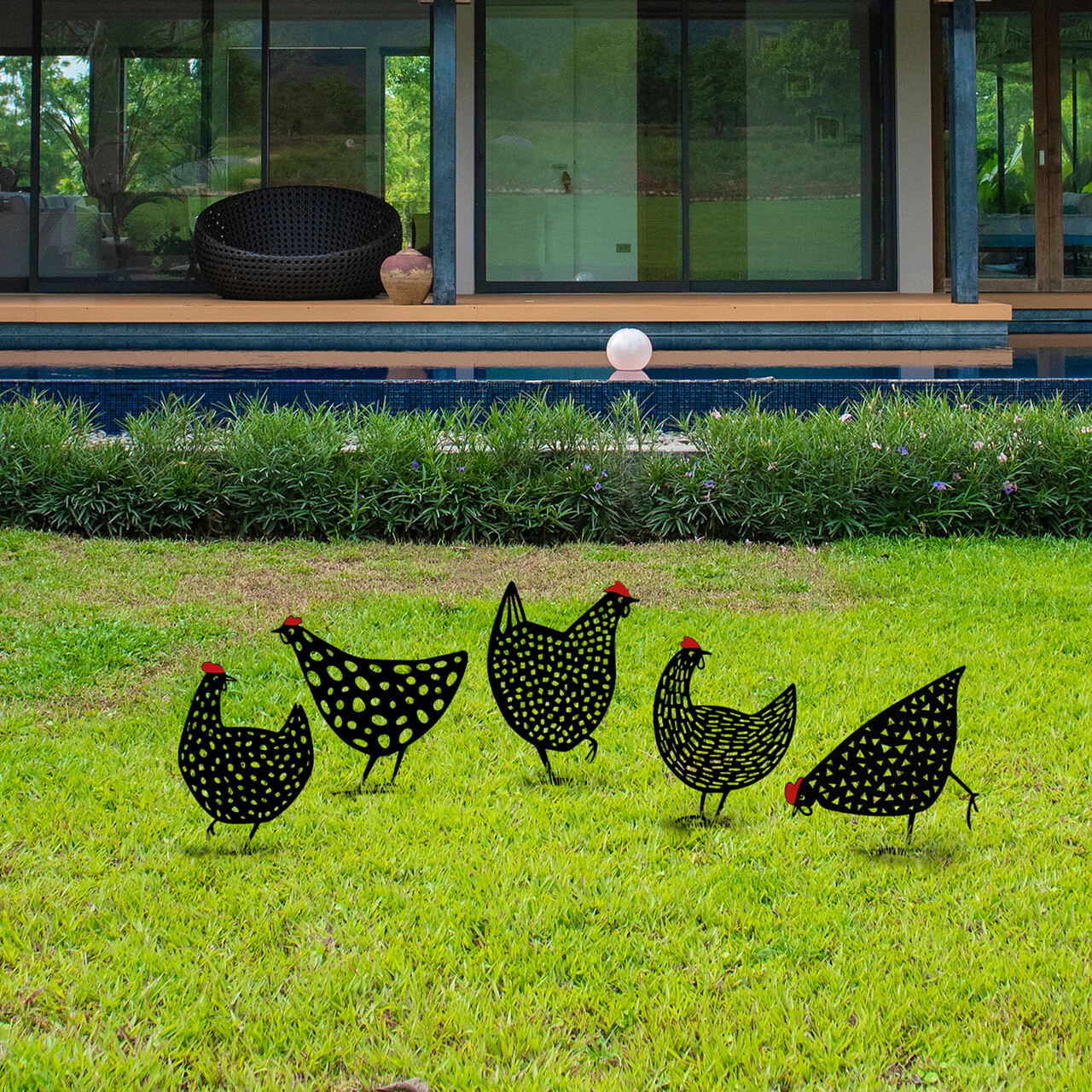 Set decoratiuni pentru gradina, Chickens, Metal, Negru