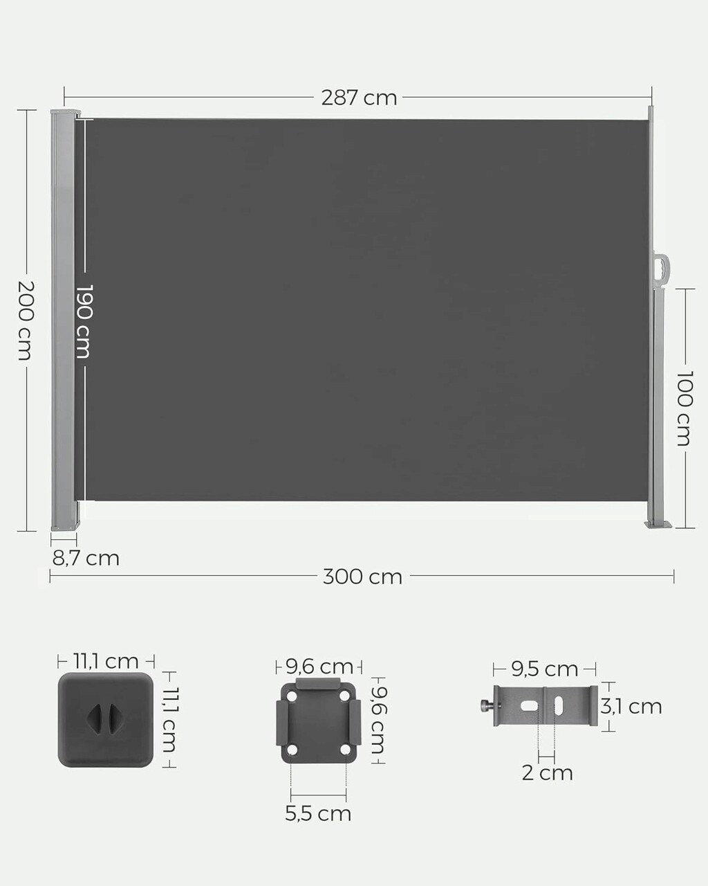 Paravan lateral pentru gradina sau terasa / copertina solara laterala, Vasagle, sistem de fixare inclus, 200x300 cm, gri