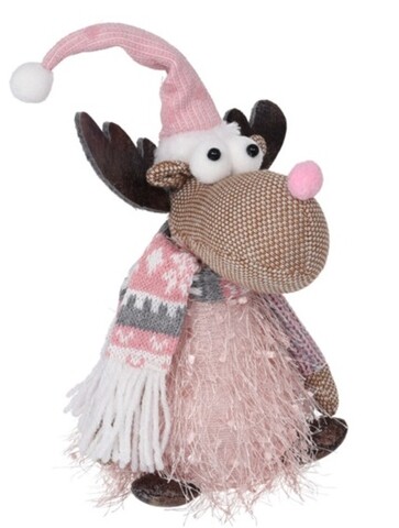 Decoratiune luminoasa Reindeer w patterned scarf, 14x22 cm, poliester, roz/gri