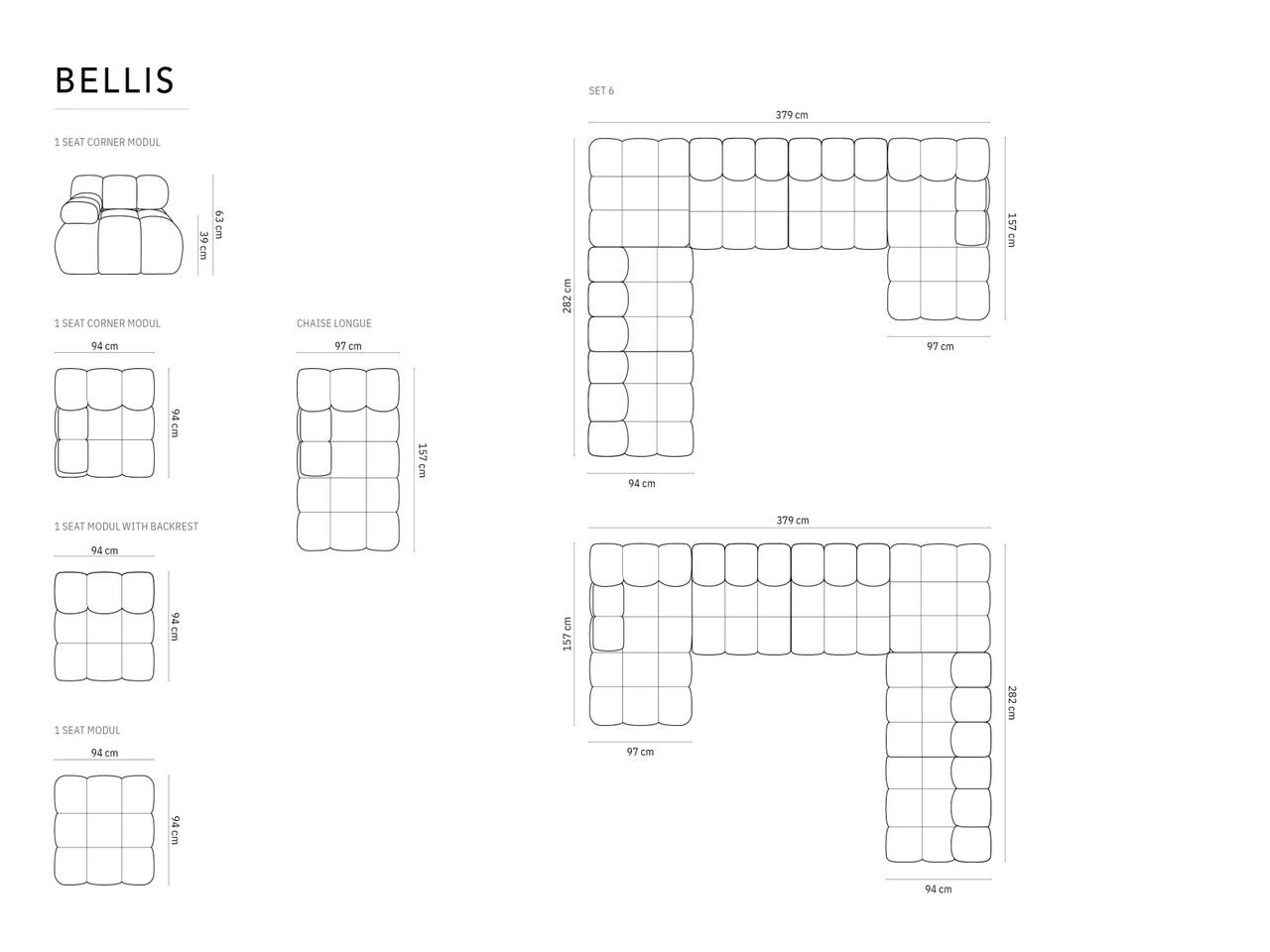 Coltar panoramic dreapta 7 locuri design modular, Bellis, Micadoni Home, BL, 379x282x63 cm, catifea, albastru petrol