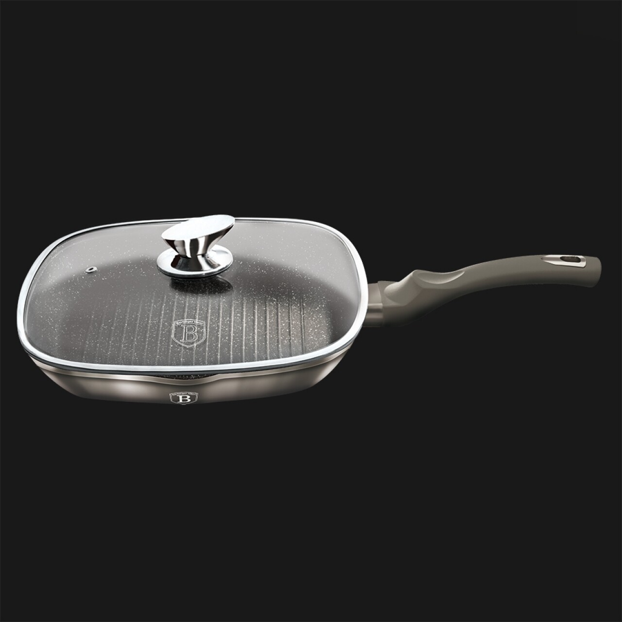 Tigaie grill cu capac din aluminiu forjat și marmură, Berlinger Haus, 28 cm, Carbon