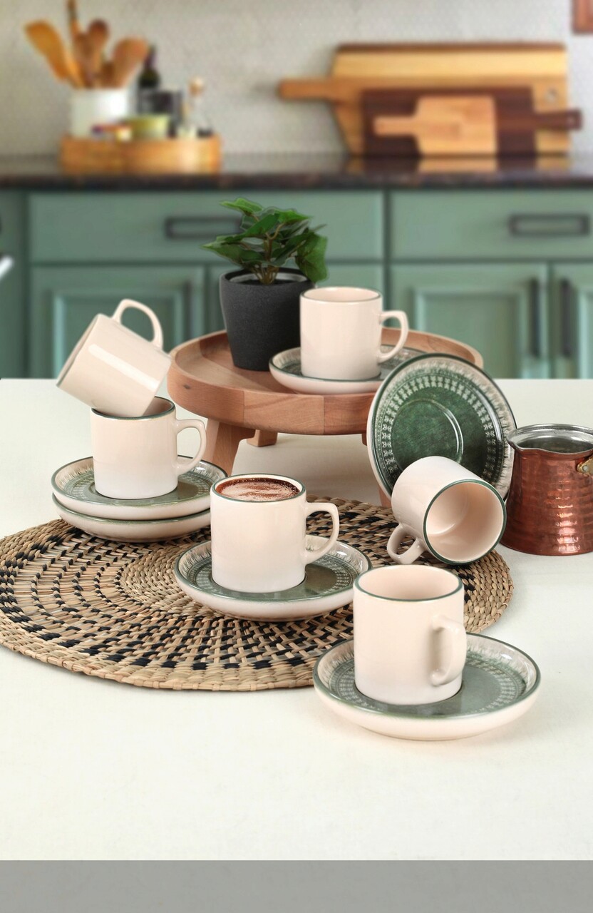 Set cesti de cafea, Keramika, 275KRM1860, 100% CERAMICA / , Nu absoarbe apa, Crem / Verde