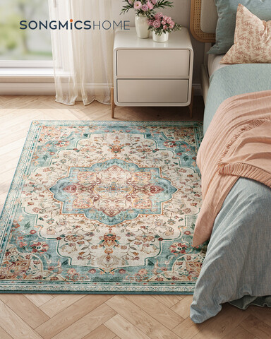 Covor antiderapant Vasagle Vintage, 120x170 cm, lavabil la masina, poliester, albastru teal