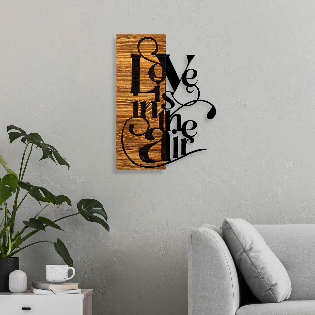 Decoratiune de perete, Love Is In The Aır, 50% lemn/50% metal, Dimensiune: 36 x 3 x 50 cm, Negru / Nuc deschis - 1 | YEO