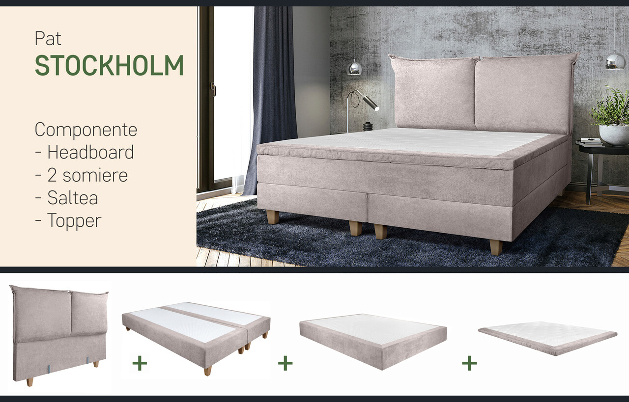 Pat matrimonial, Stockholm, Pillows E, 140x200 cm, saltea tip Pocket, topper memory, Taupe - 1 | YEO