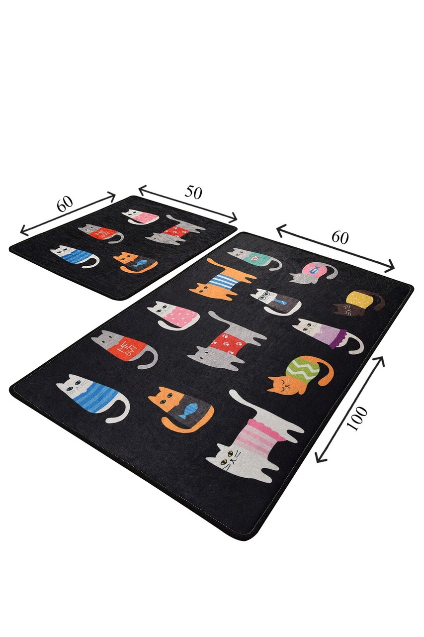 Set covorase de baie 2 piese, Chilai, Black Cats, Catifea, Multicolor - 2 | YEO