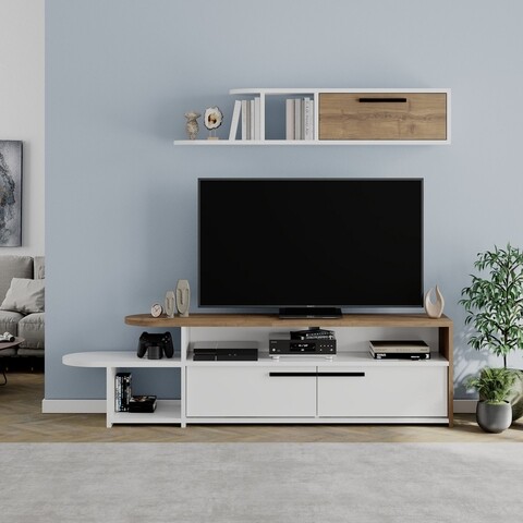 Comoda TV cu raft, Decortie, Lyra, 166.8 x 44.8 x 33 cm, pal melaminat, alb/nuc