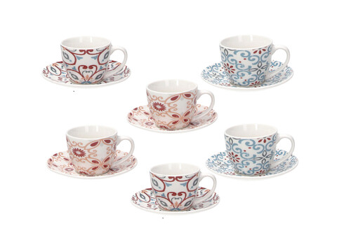 Set 6 cesti de cafea cu farfurie Iris Ribeira, Tognana Porcellane, 80 ml, portelan New Bone China, multicolor