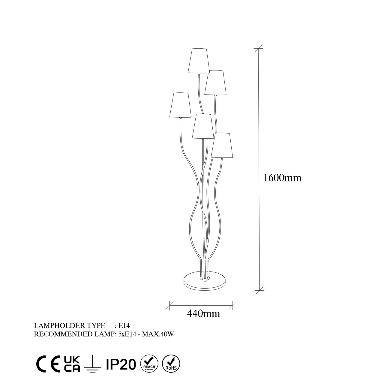 Lampadar, Bonibon - 13232, Fulgor, 44 X 44 X 160 Cm, 5 X E14, 40W, Multicolor