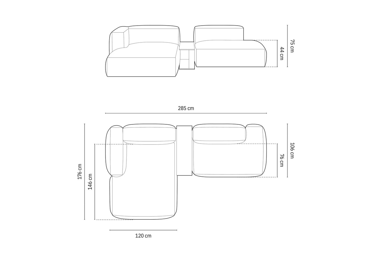 Coltar modular stanga 2 locuri, Martina-120, Micadoni Home, 285x176x75 cm, catifea, gri