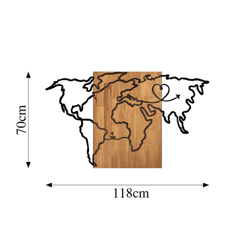 Decoratiune de perete, Wold Map, 50% lemn/50% metal, Dimensiune: 118 x 3 x 70 cm, Nuc negru