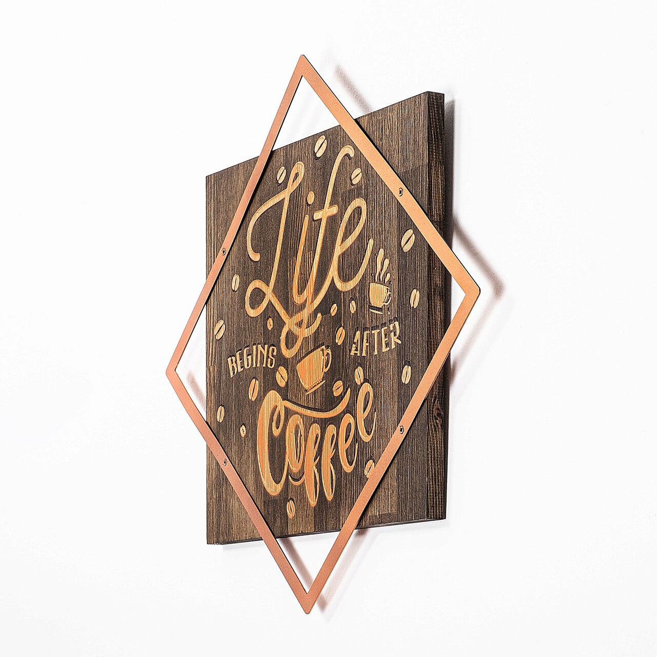 Decoratiune De Perete, Life Begins After Coffee, 50% Lemn/50% Metal, Dimensiune: 54 X 54 Cm, Nuc / Cupru