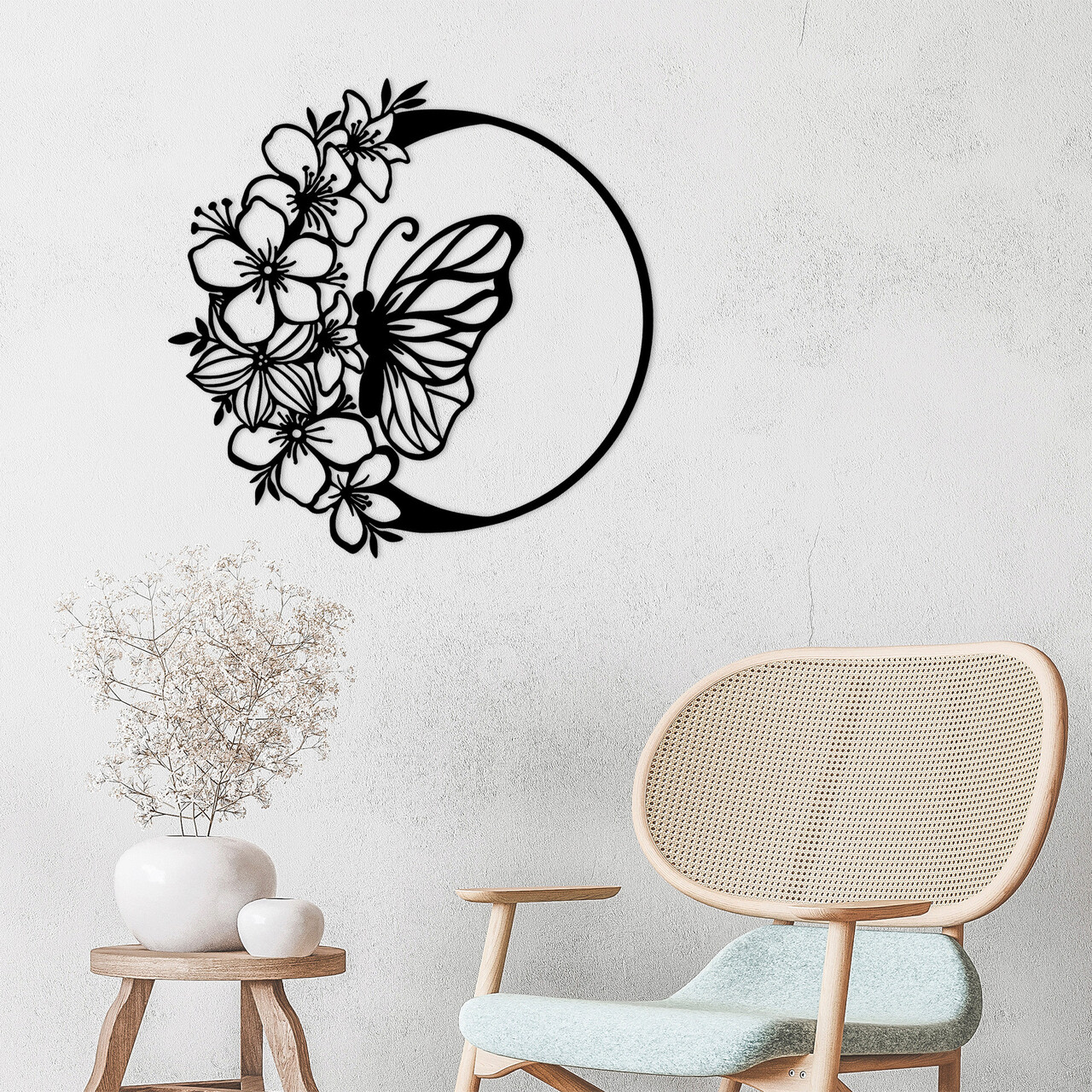 Decoratiune de perete, Butterfly And Flower, Metal, Dimensiune: 69 x 1,5 x 68 cm, Negru - 2 | YEO