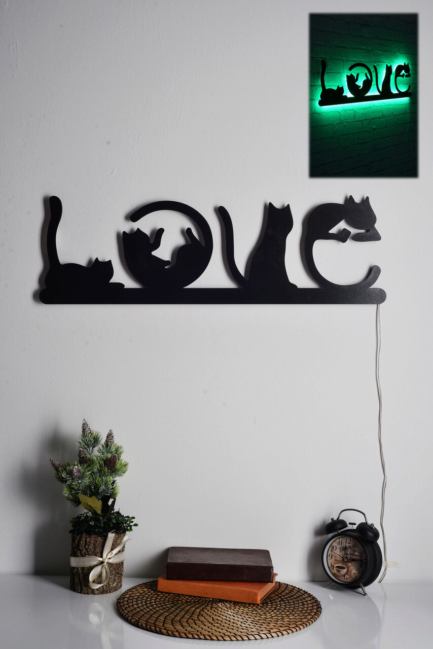 Decoratiune luminoasa LED, Cat Love, MDF, 60 LED-uri, Verde