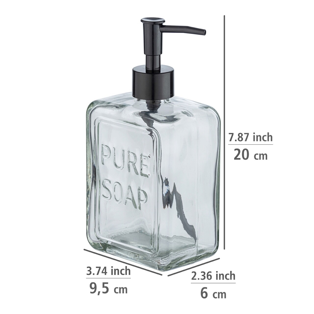 Dozator sapun lichid Pure Soap, Wenko, 9.5x6x20 cm, sticla/plastic, transparent/negru