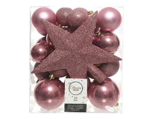 Cutie cu 33 globuri asortate si varf de brad Star Velvet Pink, Decoris, plastic, roz deschis