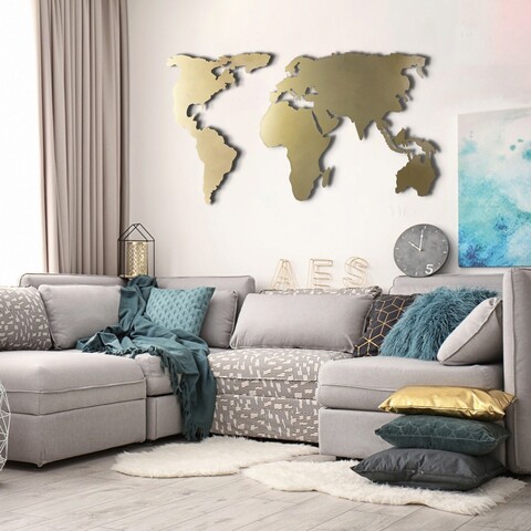 Decoratiune de perete, World Map Silhouette XL, Metal, Dimensiune: 85 x 170 cm, Auriu