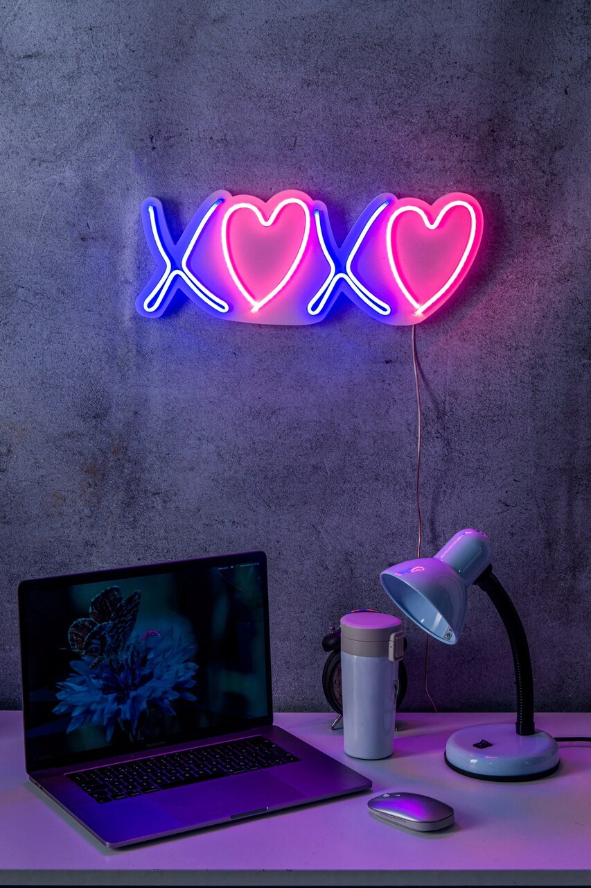 Decoratiune luminoasa LED, Tic Tac Toe XoXo, Benzi flexibile de neon, DC 12 V, Roz / Albastru