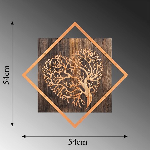 Decoratiune de perete, Tree v3, 50% lemn/50% metal, Dimensiune: 54 x 54 cm, Nuc / Cupru