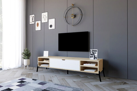 Comoda TV, Puqa Design, Santa, 160x36x40cm, 100% PAL melaminat, Stejar safir / Alb