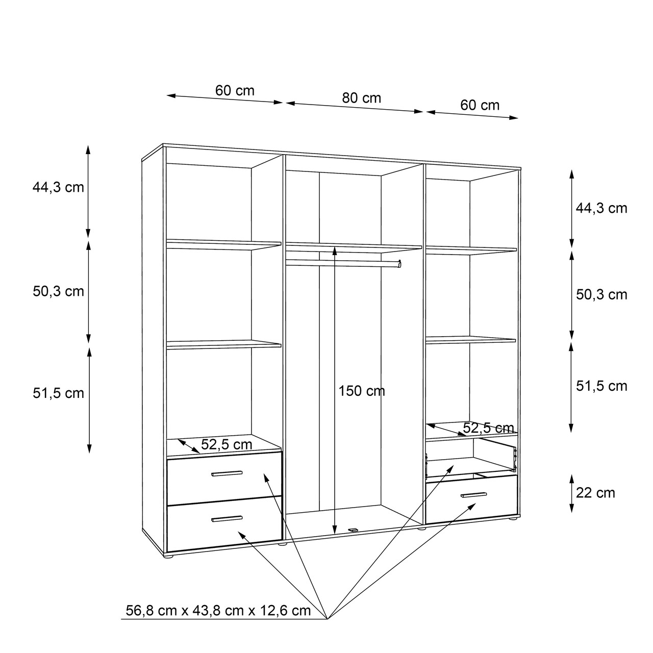 Dulap pentru haine Meerlo, Bedora, 205.9x52.7x200.1 cm, PAL/plastic, alb/stejar