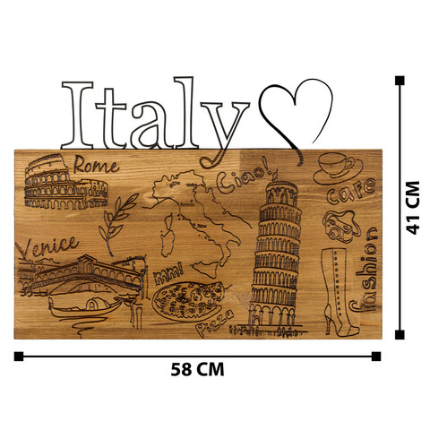 Decoratiune de perete, I Love You Italy, Metal, Cadru: 100% LEMN (grosime: 3 cm), Nuc negru