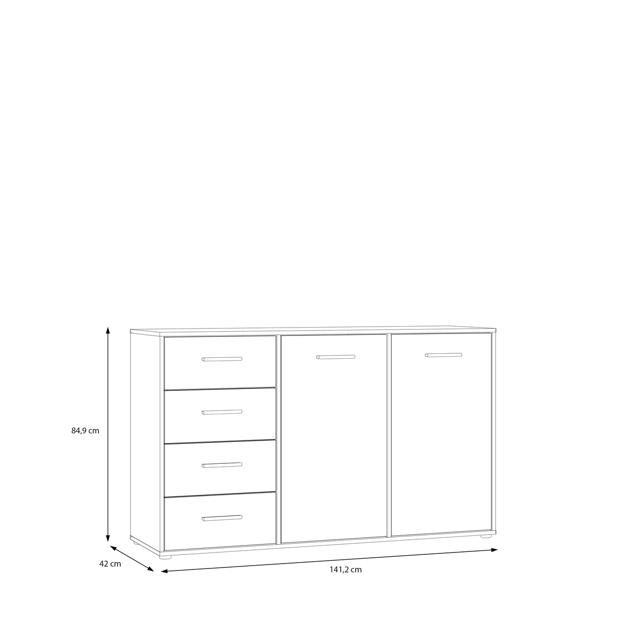 Comoda 4 sertare Meerlo, Bedora, 141.2x42x84.9 cm, PAL/plastic, negru/stejar