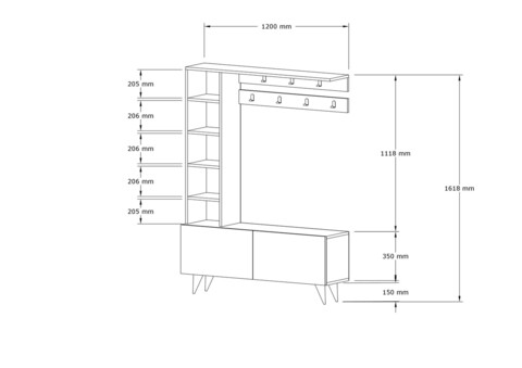 Cuier cu pantofar, Puqa Design, Hale, 120 x 161.8 x 32 cm, pal melaminat, nuc