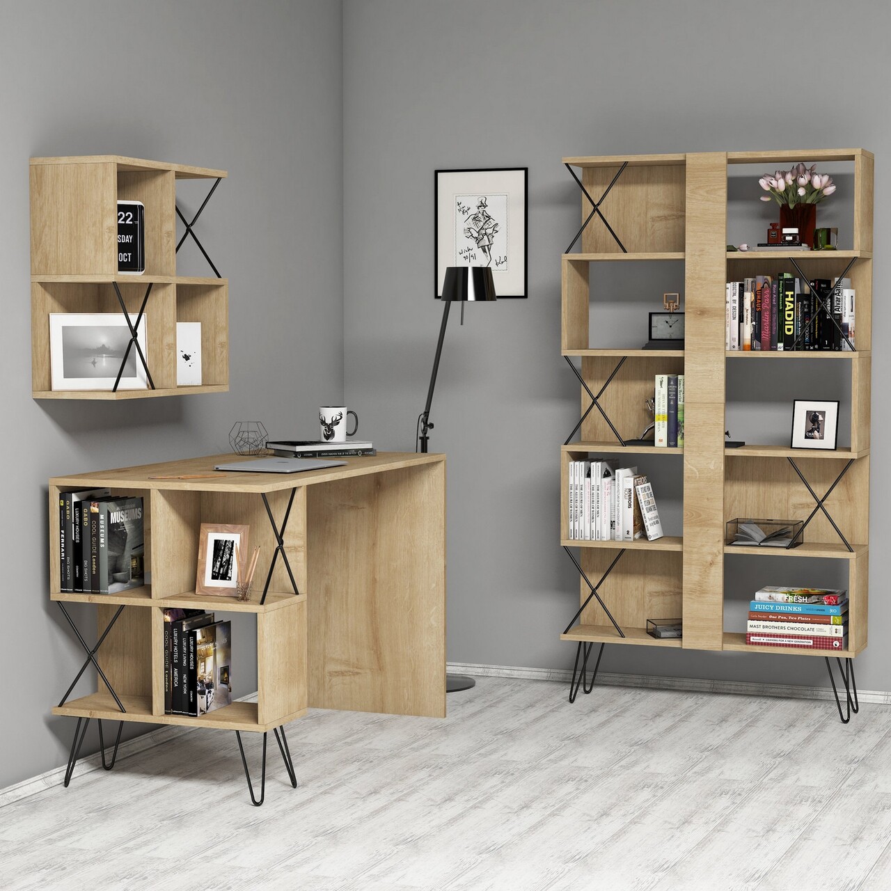 Birou cu biblioteca si raft, Hommy Craft, Extra 2, pal melaminat, stejar/negru - 1 | YEO