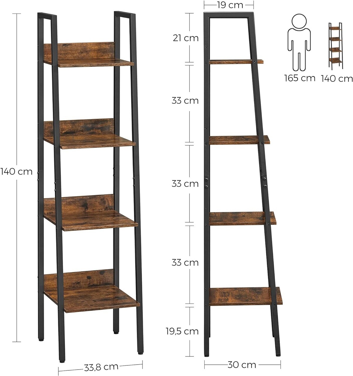 Biblioteca cu 4 rafturi Vasagle Ladder, 33.8x30x140 cm, PAL/otel, maro/rustic