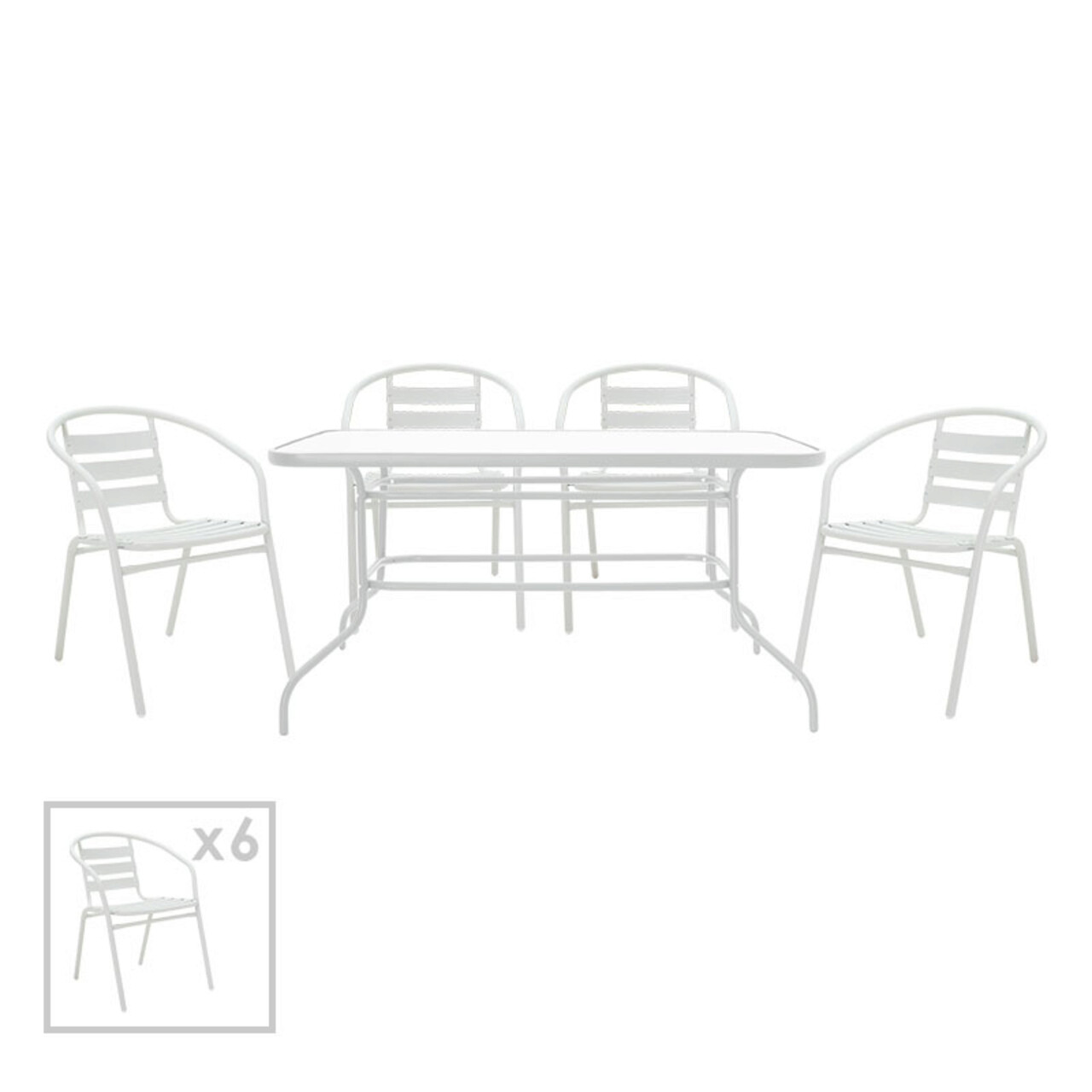 Set mobilier de gradina 7 piese Valor-Tade, Pakoworld, masa si 6 scaune, 140x80x70 cm, metal/sticla, alb