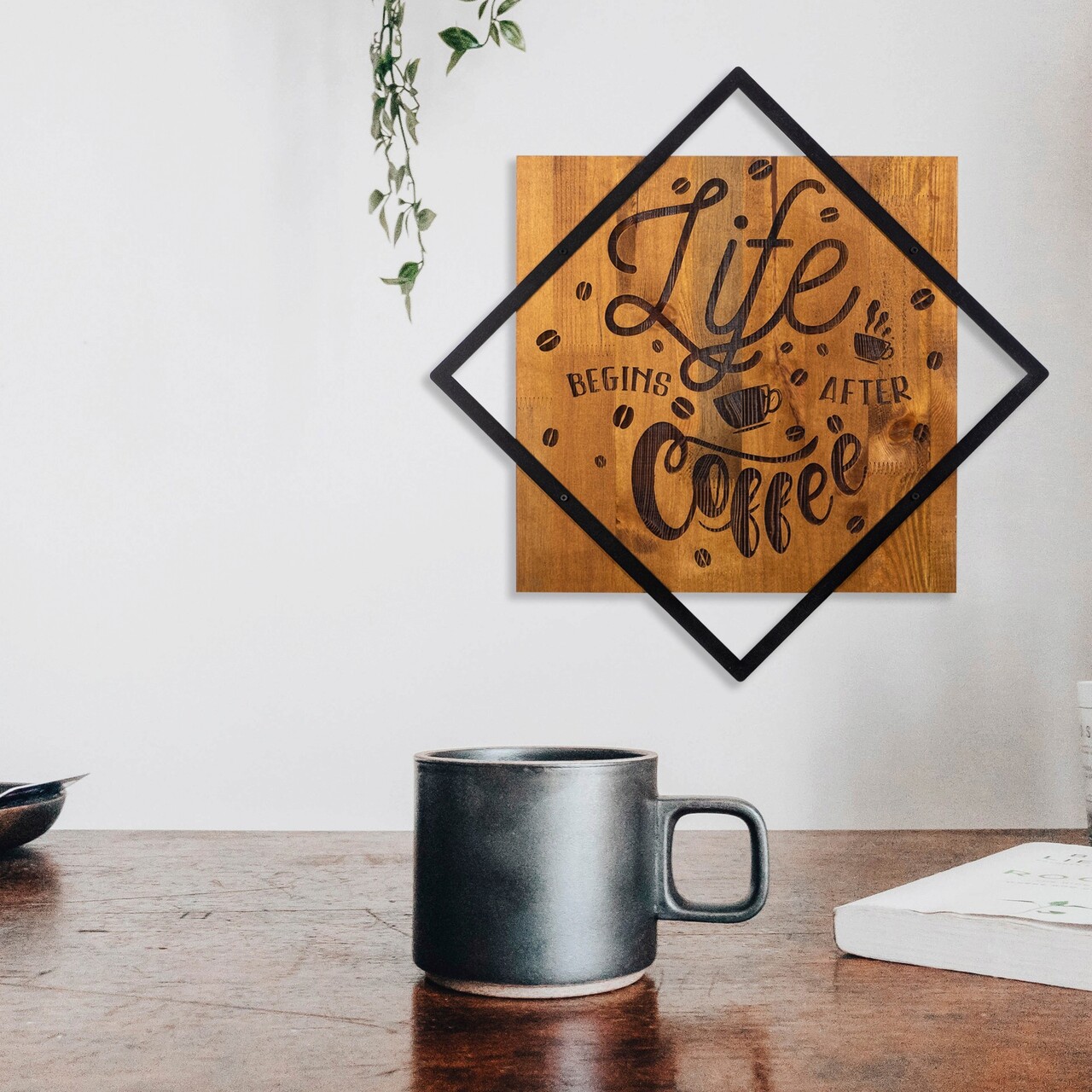 Decoratiune de perete, Life Begins After Coffee, 50% lemn/50% metal, Dimensiune: 54 x 54 cm, Nuc / Negru