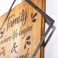 Decoratiune de perete, Family Where Life Begins / Love Never Ends, 50% lemn/50% metal, Dimensiune: 54 x 54 cm, Nuc / Negru